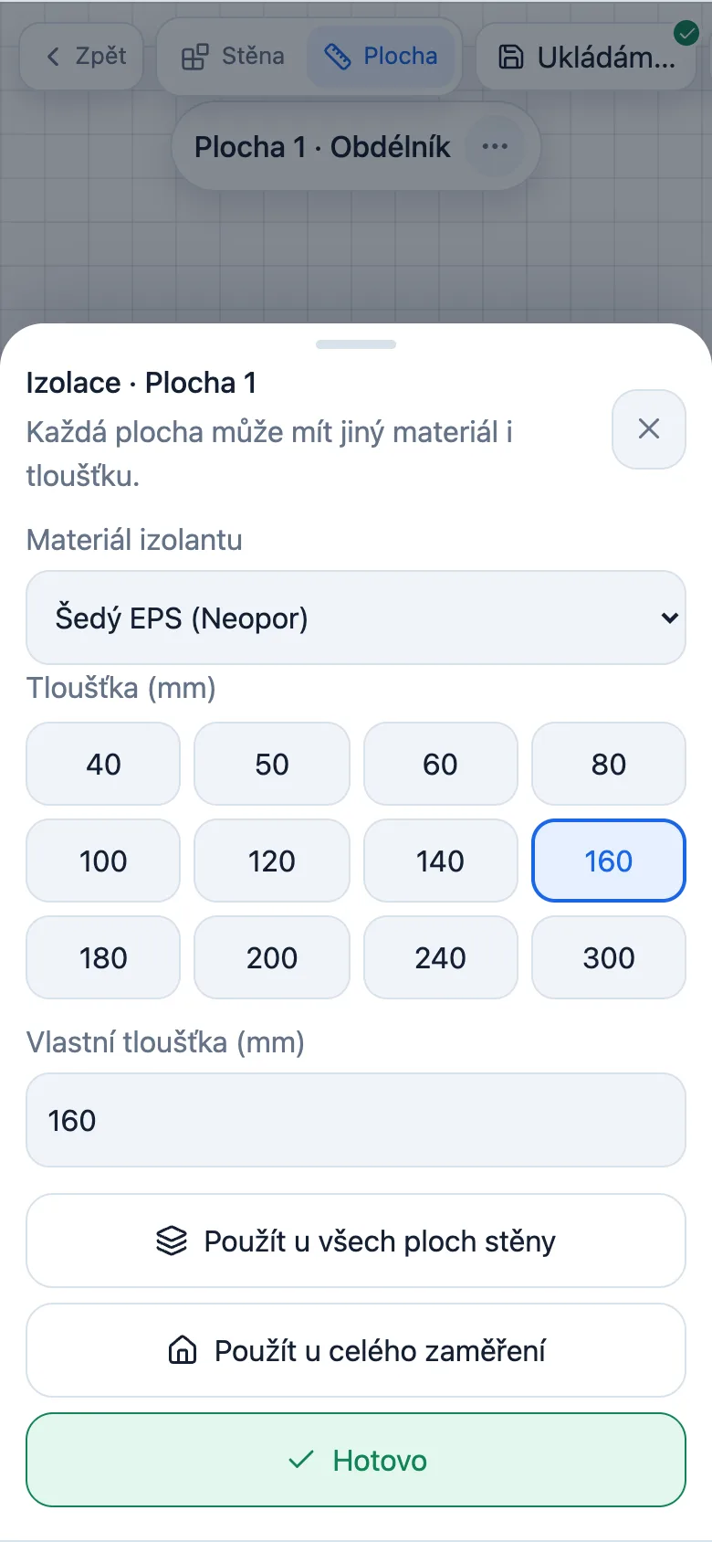 Výběr izolace fasády — materiál a tloušťka v mm u jedné plochy
