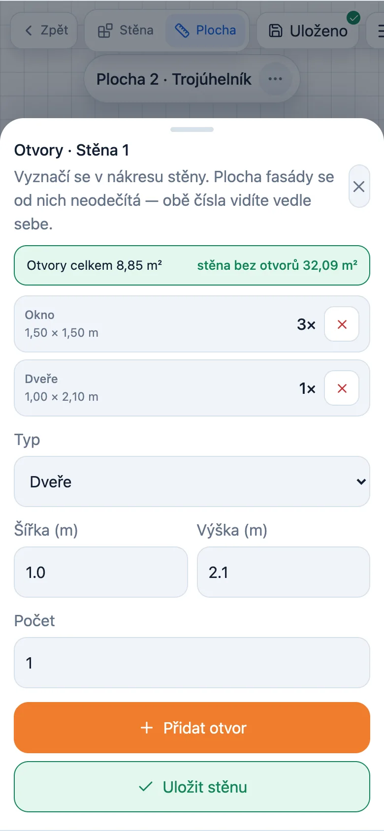 Zadání oken a dveří u stěny fasády s hrubou plochou a plochou bez otvorů