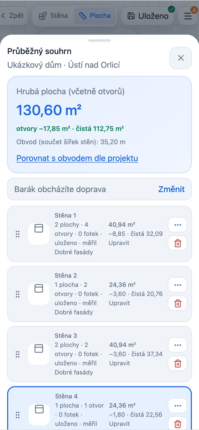 Souhrn zaměření fasády: hrubá plocha 130,60 m², otvory 17,85 m², čistá plocha 112,75 m²