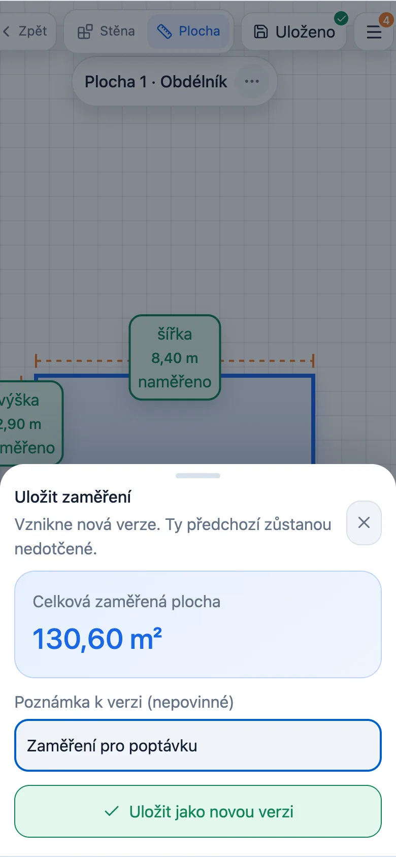 Uložení zaměření fasády jako nové verze s poznámkou