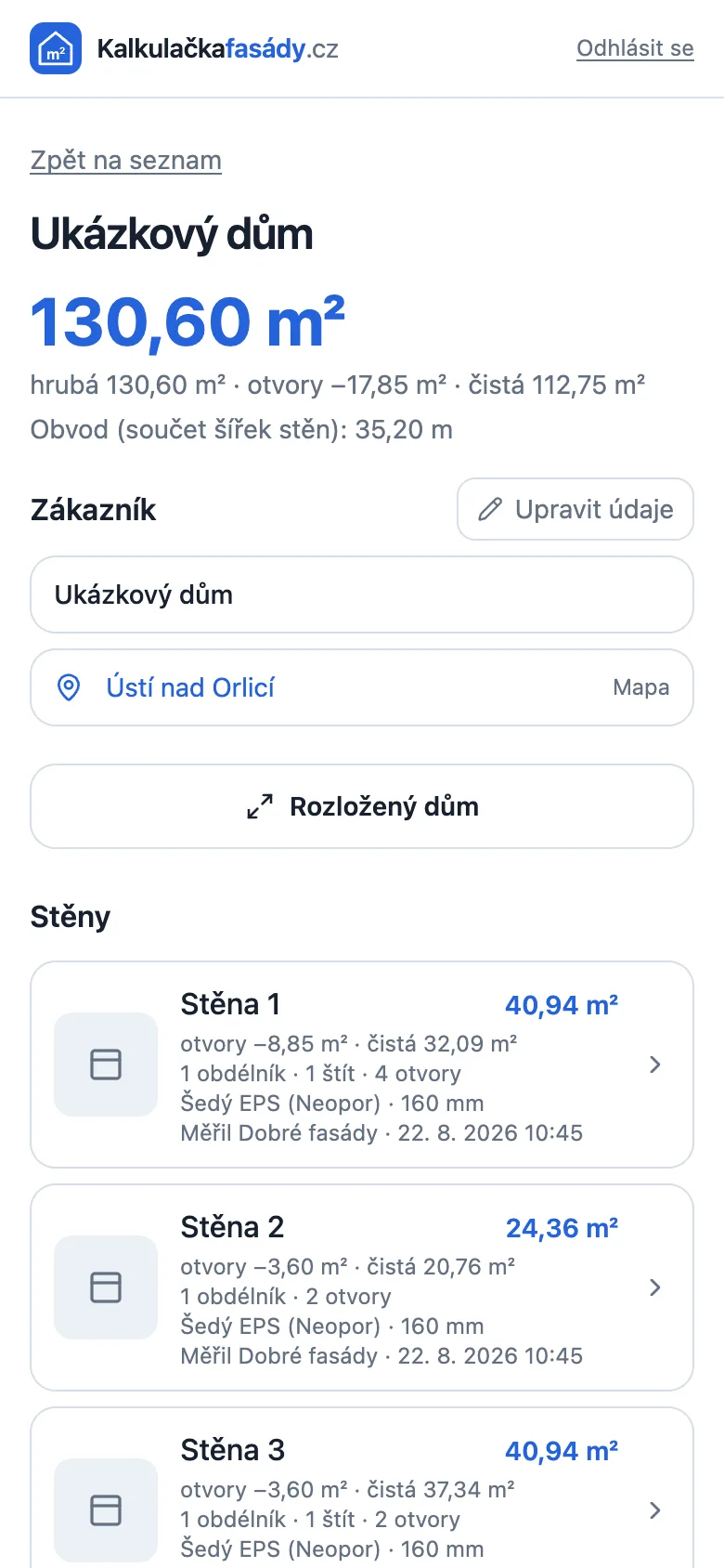 Detail zaměření fasády s celkovou plochou 130,60 m² a seznamem stěn