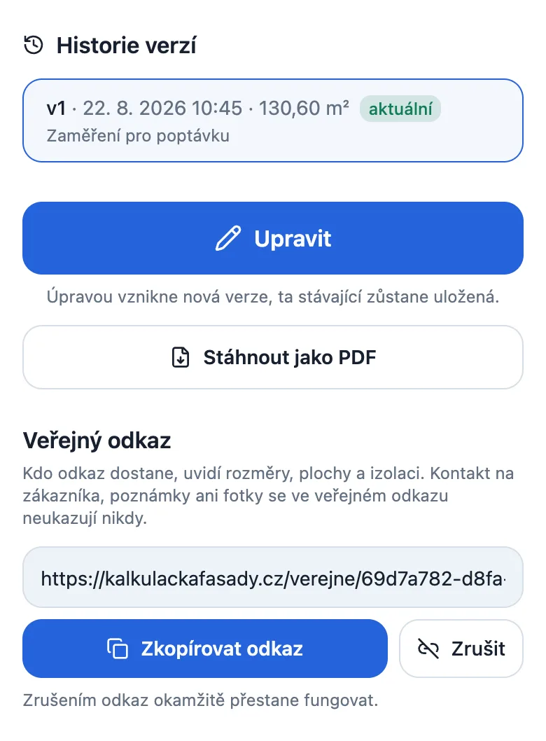Vytvoření veřejného odkazu na zaměření fasády