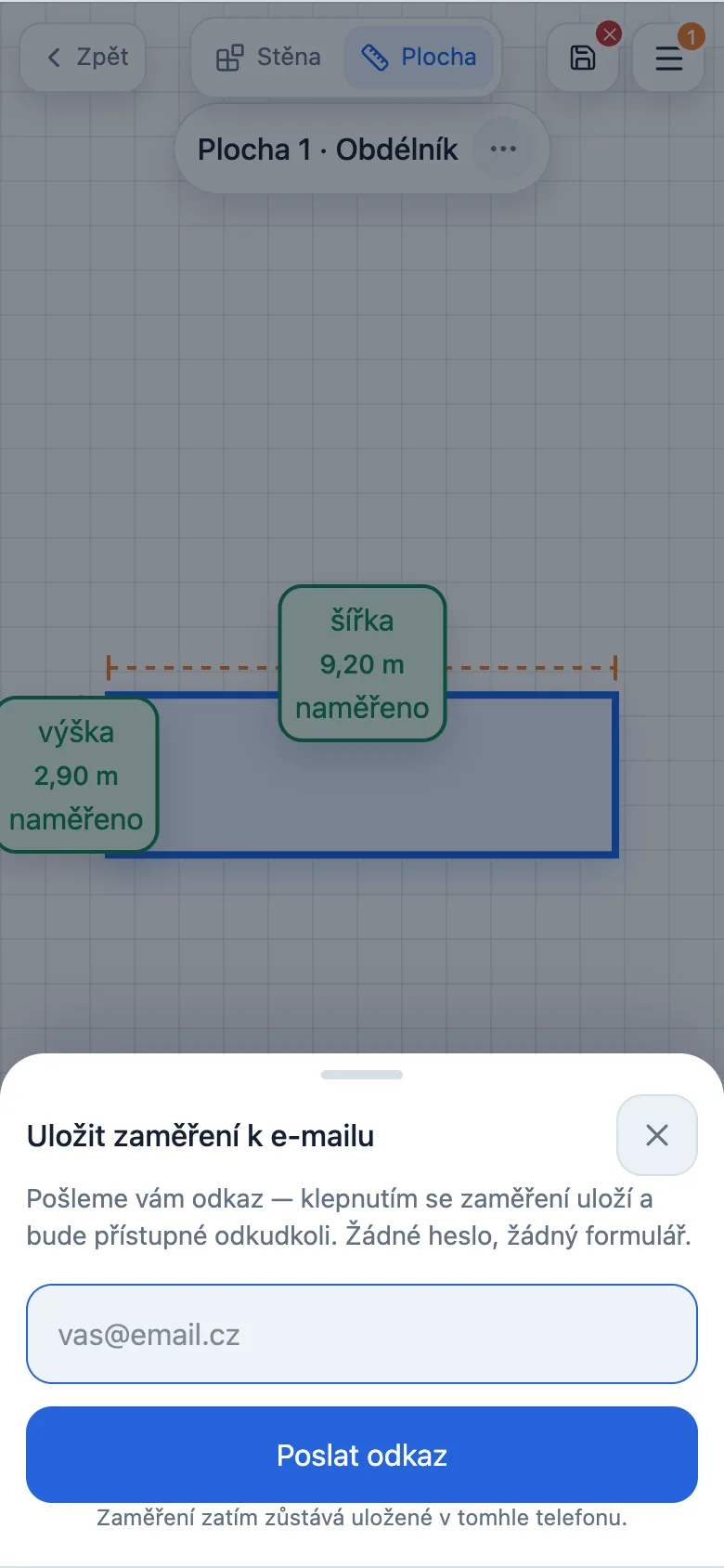 Uložení zaměření fasády k e-mailu bez registrace a bez hesla
